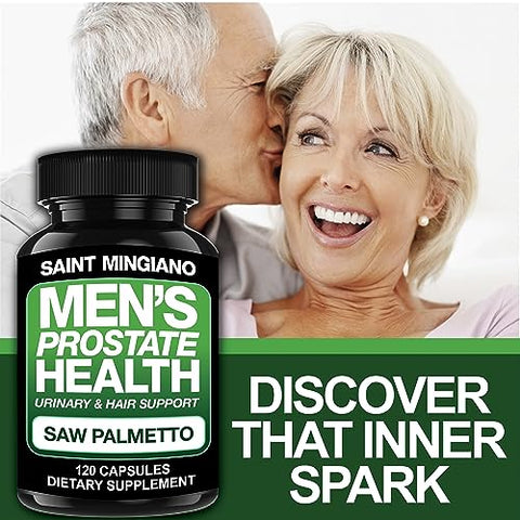 Saint Mingiano - Saúde da Próstata Masculina – 120 Cápsulas de Suplementos Avançados para Homens com Saw Palmetto, Apoiando a Função Urinária e a Saúde Capilar – Fornecimento de 3 Meses de Ervas Naturais
