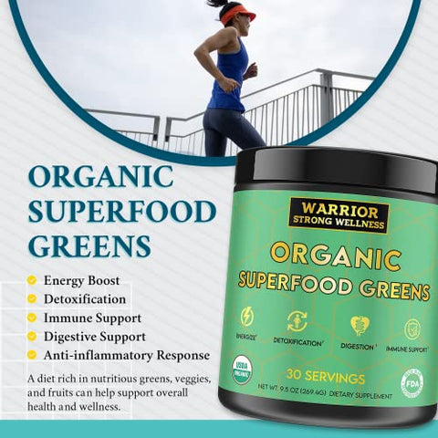 Warrior Strong Wellness - Pó de Verdes Orgânicos Certificados – 30 Porções – Superfood em Pó Verde, Bebida Detox Energizante, Pó de Frutas e Vegetais, Vinagre de Maçã, Extrato de Chá Verde