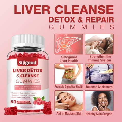 Sijigood - Limpeza e Desintoxicação do Fígado – Gomas de Reparo – 1000mg Silimarina Suplemento de Cardo Mariano com Alcachofra, Dente-de-leão e Sabugueiro – Suporte ao Fígado – 60 Gomas com Sabor de Framboesa