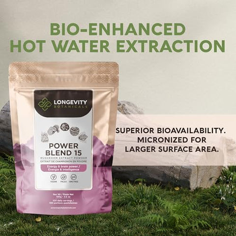 Mistura de 15 Cogumelos em Pó – Promove um Sistema Imunológico Equilibrado, Clareza Mental, Foco e Relaxamento – 100g - Longevity Botanicals