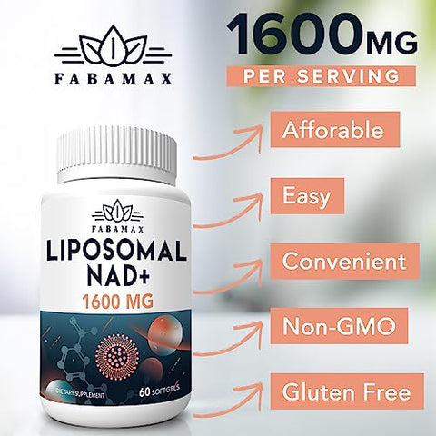 Fabamax - Suplemento Liposomal NAD 1600 mg, 98% Puro, Absorção Superior, Alternativa ao Nicotinamida Ribosídeo ou NADH para Impulsionar a Defesa do Envelhecimento, Energia, Longevidade – Marca em Destaque