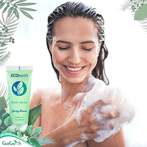 Travel Size Body Wash 1 fl oz (30 ml, 100 PK, Spring Breeze) – Hóspedes Encantados com um Sabonete Revitalizante e Refrescante para Hotéis – Mini e Pequeno Tamanho de Qualidade para Hóspedes - EcoEarth