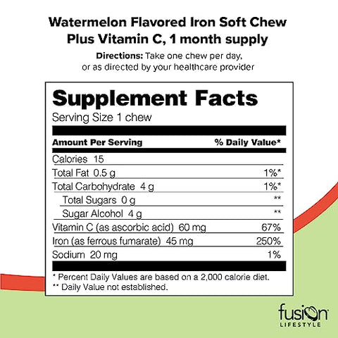Fusion Lifestyle - Suplemento de Ferro sabor Melancia em Goma Mastigável com Vitamina C para Deficiência de Ferro e Anemia, 1 Mês de Fornecimento, 30 Unidades