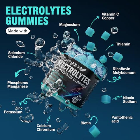 VIFSSG - Gomas de Eletrólitos Sem Açúcar, 120 Gomas Mastigáveis de Eletrólitos com 6 Eletrólitos para Corredores e Esportes de Resistência, Sabor Refrescante de Framboesa Azul, Gomas de Eletrólitos para Hidratação, 1 Pacote