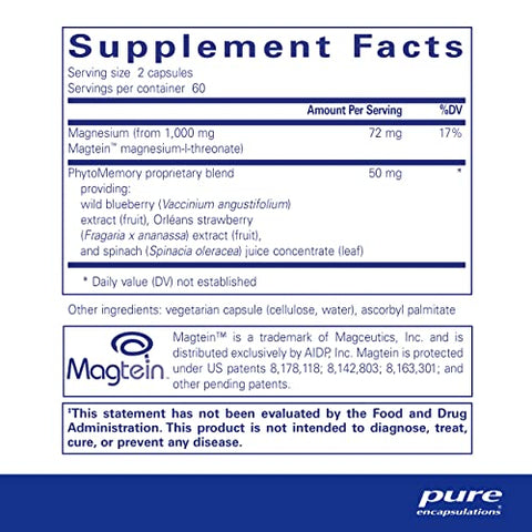 CogniMag 120’s – Suplemento de Magnésio-L-Treonato – Suporte à Saúde Cerebral - Pure Encapsulations