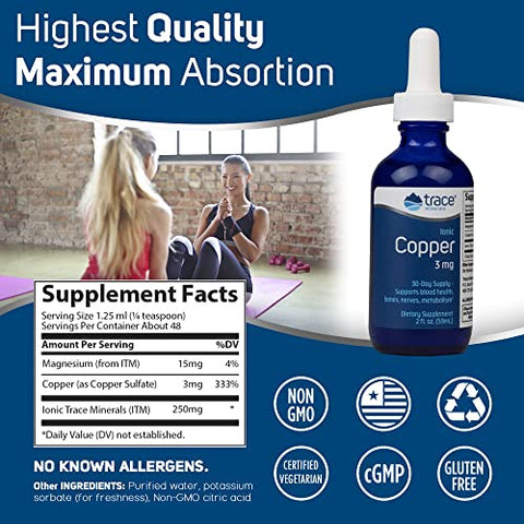 Cobre Líquido Iônico 3 mg | Enzima Antioxidante | Suporta Saúde do Sangue, Ossos, Nervos e Metabolismo | 60 ml, 48 Porções | Marca: Trace Minerals - Trace Minerals