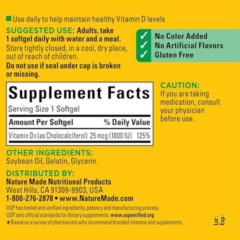 Generic - Nature Made Vitamina D3 1000 UI (25 mcg), Suporte para a Saúde Imunológica, Óssea, Dental e Muscular, Suprimento de 300 Dias (300 Unidades), Kit com Estojo Compacto para Viagem de Comprimidos