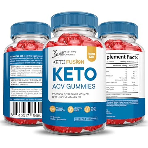 Justified Laboratories - (3 Pacotes) Gomas Keto Fusion ACV Fórmula Avançada 1000MG Ketofusion Gomas Keto de Vinagre de Maçã Formuladas com Pó de Romã e Beterraba B12 Vegano Não GMO 180 Gomas