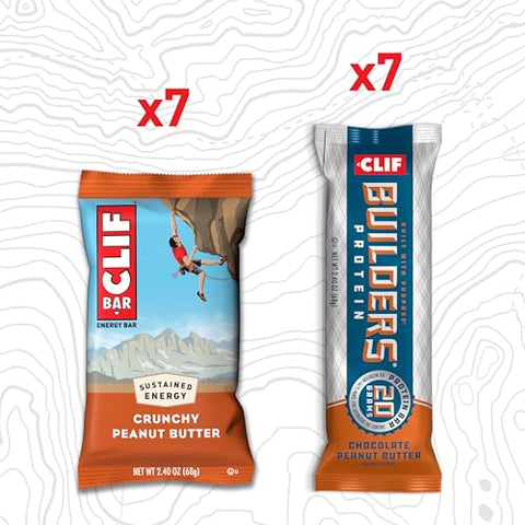 CLIF BUILDER'S - CLIF BAR e CLIF Builders – Pack Sortido – Amendoim Crocante e Manteiga de Amendoim com Chocolate – Barras Energéticas e Barras de Proteína – Não-OGM – Baseado em Plantas – 68g (14 Unidades)