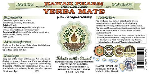 Yerba Mate Extrato Líquido Sem Álcool, Yerba Mate Orgânica (Ilex Paraguariensis) Folha Seca Glicerito Suplemento Herbal Natural, Hawaii Pharm, EUA 120 ml