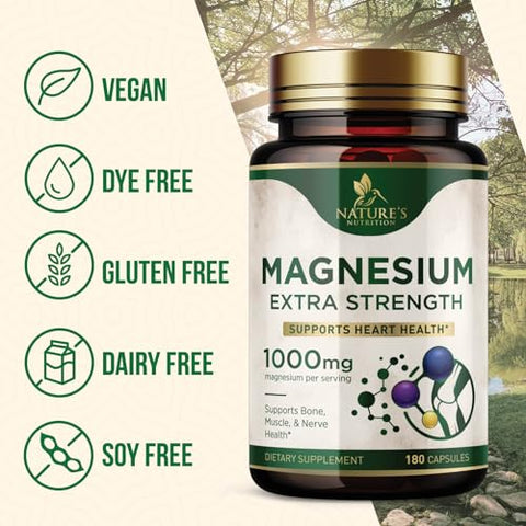 Nature's Nutrition - Magnésio Extra Forte 1000mg – Quelado para Absorção Ultra, Suplemento de Magnésio para Saúde Óssea e Muscular