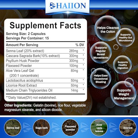 HAIION - Limpeza Intestinal e Suporte ao Cólon em 15 Dias – Pastilhas de Limpeza do Cólon por 15 Dias, Suporte para Limpeza Intestinal em 15 Dias, Suporte para Limpeza Intestinal em 15 Dias, Limpeza do Cólon Natural | Natural Slim Cleanse