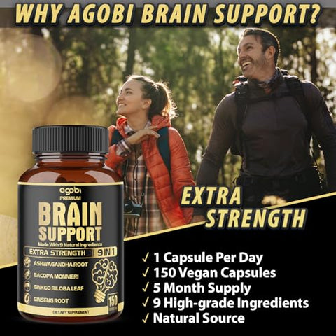 agobi - Suplemento de Suporte Cerebral 9 em 1 5750 Mg – Com Ashwagandha, Ginseng Panax, Gotu Kola, Ginkgo Biloba, Pimenta Preta