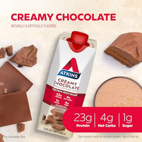 Shake de Proteína Sabor Chocolate Cremoso, 23g Proteína, Baixo Índice Glicêmico, 4g Carboidrato Líquido, 1g Açúcar, Amigo da Dieta Keto, 12 Unidades - Atkins