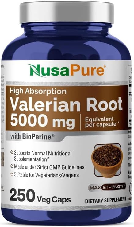 Valerian Root 5000 mg por Cápsula Vegetal, 250 Unidades, Vegano, Não-OGM, Bioperine - NusaPure
