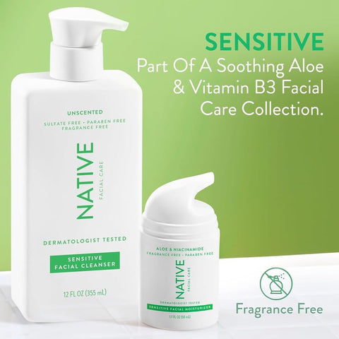 Limpador Facial Sensível Native, Spa Day Todos os Dias (Pacote com 2) | Limpeza Diária do Rosto com Aloe e Vitamina B3, Sem Perfume, 12 fl oz (355 ml)