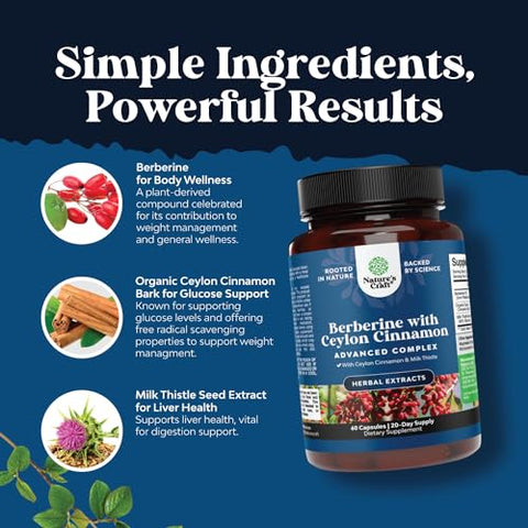 Natures Craft - Berberine Plus 1200mg – Complexo de Berberina Antioxidante com Cápsulas de Canela do Ceilão e Extrato de Cardo Mariano – PK Ativo para Saúde Cardíaca e