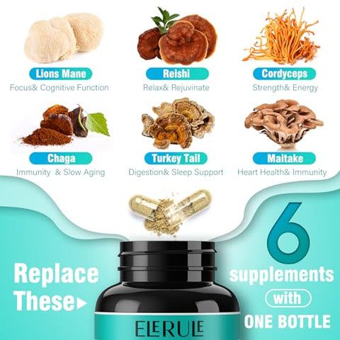 ELERULE - Suplemento de Cogumelo 6 em 1 – Foco, Memória, Cérebro Nootrópico