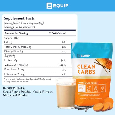 Foods Clean Carbs | Pó de Batata Doce | Carboidrato Pré-Treino à Base de Plantas, Feito de Batatas Doces Desidratadas | 30 Porções, Baunilha - Equip