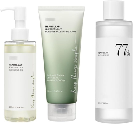 HDSBZB - Conjunto de Óleo de Limpeza, Tônico Calmante 77%, Espuma de Limpeza Profunda dos Poros com Quercetinol, Óleo de Limpeza Controlador de Poros de Folha de Coração – Limpeza Facial Coreana