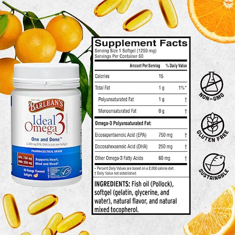 Barlean's - Barlean’s Ideal Ômega 3 Óleo de Peixe, 1.000 mg Cápsulas Softgels, Grau Farmacêutico EPA