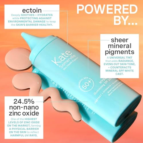 Kate Somerville HydraKate Protetor Solar Iluminador em Gotas para o Rosto com FPS 50, Óxido de Zinco e Tonalidade Mineral, Hidratante e Anti-Envelhecimento, 50 ml