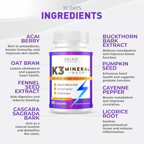 ZELSO - K3 Mineral Pílulas de Emagrecimento para Mulheres e Homens – Sal Mineral K3, Cápsulas de Vitamina K3 para Emagrecimento – Suprimento de 30 Dias
