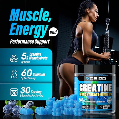 VCBIRD - Creatina Monohidratada 5g Por Porção, Suplemento Sem Açúcar para Suporte de Força, Desempenho, Energia, Recuperação, Creatina Sem Glúten para Mulheres e Homens, Sabor Mirtilo