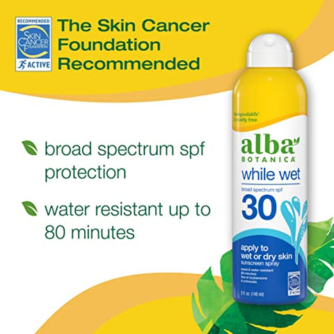 Protetor Solar Alba Botanica para Rosto e Corpo, Spray Protetor Solar Enquanto Molhado, FPS 30 de Amplo Espectro, Resistente à Água para Pele Molhada e Seca, Frasco de 150 ml (Pack com 2 unidades)