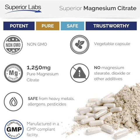 Magnesium Citrate – 100% Não-OGM Seguro de Aditivos, Estearatos, Glúten e Outros Alergénios – Dose Poderosa para Sono, Cãibras, Espasmos – 1.250mg Citrato, 120 Cápsulas - Superior Labs