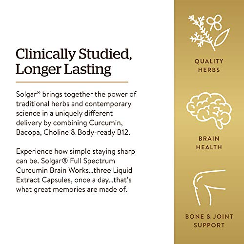 SOLGAR - Solgar Full Spectrum Curcumin Brain Works – Suporte à Memória, Foco e Função Cognitiva – Antioxidante com Curcumina, BacoMind, Colina e Vitamina B12 – 90 Licaps
