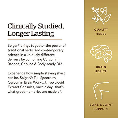SOLGAR - Solgar Full Spectrum Curcumin Brain Works – Suporte à Memória, Foco e Função Cognitiva – Antioxidante com Curcumina, BacoMind, Colina e Vitamina B12 – 90 Licaps
