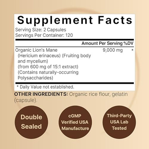 Cápsulas de Suplemento de Cogumelo do Leão Mane 9.000mg, 240 Cápsulas | Fornecimento de 120 Dias – Feito com Extrato de Pó Orgânico de Leão Mane – Nootrópico Cognitivo para o Cérebro - NatureBell