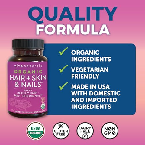 Viva Naturals - Vitaminas Orgânicas para Cabelo, Pele e Unhas – Biotina Vegetariana para Apoio à Saúde de Cabelo, Pele e Unhas com Vitamina E