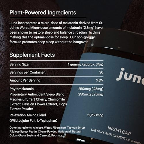 Nightcap Gomas para Dormir de Adultos – Auxílio Natural ao Sono com Fitomelatonina, Sem Açúcar, à Base de Plantas – Fórmula com Cereja, GABA, Magnésio e Camomila - Juna