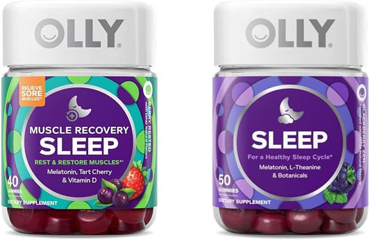 Gummies de Recuperação Muscular com Melatonina, Cereja Azeda, Vitamina D, 40 Unidades – Gummy de Sono com Melatonina, L-Teanina, Camomila, 50 Unidades - OLLY