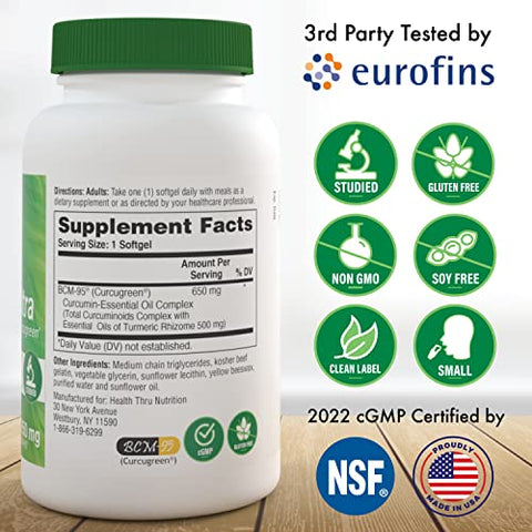 Health Thru Nutrition - Curcu-Gel 650mg BCM-95® Curcugreen | Cúrcuma Curcumina | Alta Absorção | Resposta Saudável à Inflamação | Estudo Clínico | Testado por Terceiros | Não-OGM