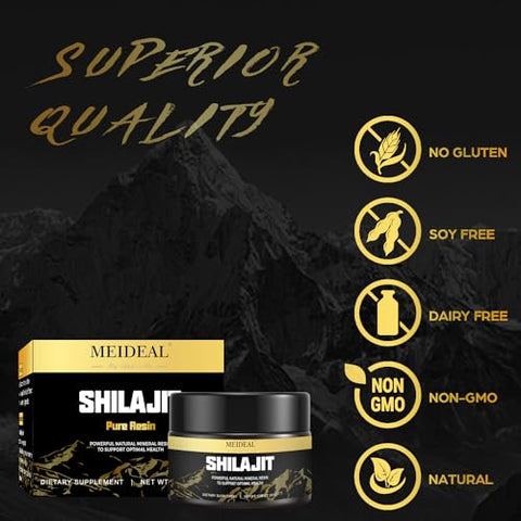 Meideal - Shilajit Puro Himalaia Orgânico Resina de Shilajit, Grau Ouro Resina de Shilajit com 85 Minerais Traços – 100% Natural e Poderoso