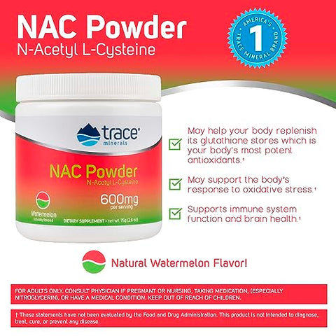 Pó de NAC com Aminoácidos N-Acetil L-Cisteína | 600 mg para Apoiar o Sistema Imunológico e o Funcionamento Normal do Fígado e dos Rins | Sabor Natural de Melancia | 30 g - Trace Minerals