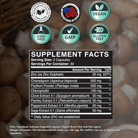 Zenmen - Eliminador Natural de Odor Corporal – Pílulas de Clorofila com Zinco, Champignon, Fibra de Psyllium – Testado por Terceiros, 60 Cápsulas Veganas. Fabricado nos EUA