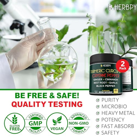 Herbpy - 2 Embalagens de Cúrcuma Curcumina com Pimenta Caiena 7 em 1 – Saúde das Articulações, Digestão, Sistema Imunológico, Cérebro