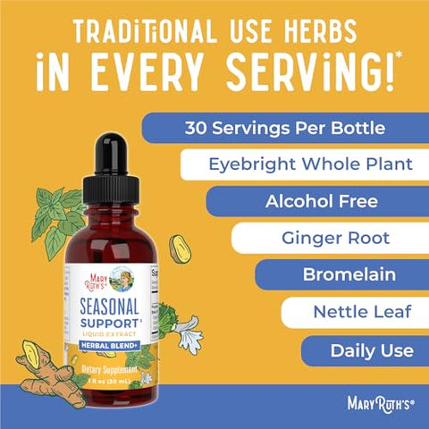 Extrato Líquido de Suporte Sazonal Mistura Herbal Raiz de Gengibre | Bromelina | Folha de Urtiga Orgânica | Mistura Herbal 4 | Ervas Tradicionais | Não-OGM | Vegano | Sem Glúten | 30ml - MaryRuth Organics
