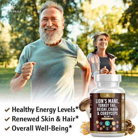 Health Heals - Suplemento de Cogumelo com Cauda de Peru 2000mg Reishi 1000mg Cordyceps Chaga 1000mg com Raiz de Marshmallow – 60 Unidades
