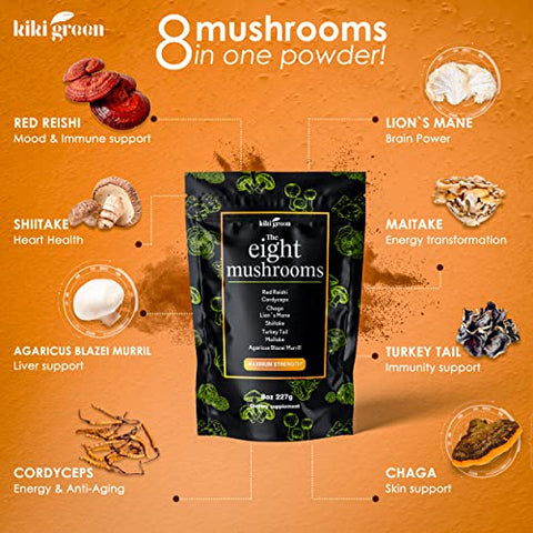 8 Mushrooms Powder Extract – Blend 8 oz – Lion’s Mane, Turkey Tail, Reishi, Chaga, Cordyceps, Maitake, Shiitake – para Foco – Produto de Cogumelos em Pó – 8g - KIKI Green
