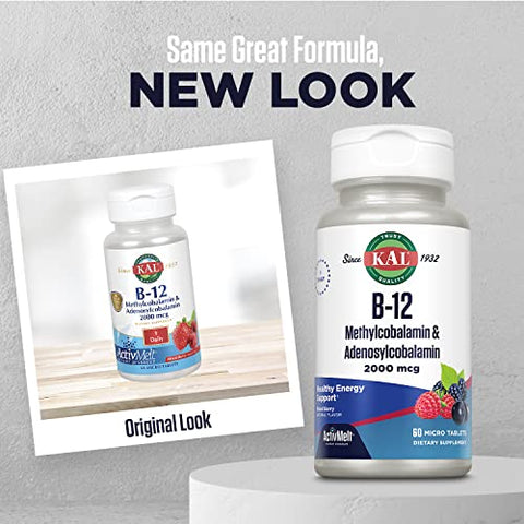 Vitamina B12 Methylcobalamin e Adenosylcobalamin 2000 mcg ActivMelt, Suplemento Energético B12, Metabolismo, Nervos, Suporte às Células Vermelhas do Sangue, Alta Absorção, Natural Berry, 60 comprimidos - KAL