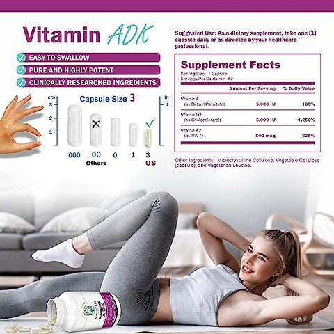NatureGenX - ADK Vitaminas 5000 UI – Alta Potência para Saúde Óssea e Absorção de Cálcio | Sem Glúten, 60 Dias de Suprimento, 60 Cápsulas