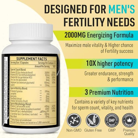 Neusupp - Suplementos de Fertilidade Masculina – Vitaminas Pré-Natais para Homens – Contagem, Motilidade e Força Ótimas de Espermatozoides – Suplementos de Fertilidade Masculina de 2000MG com Raiz de Maca, Zinco
