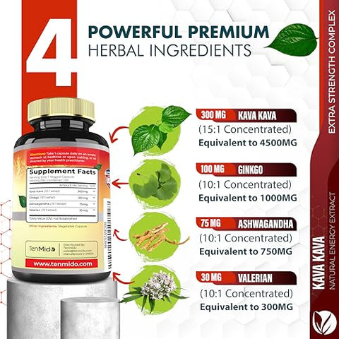 Tenmido - Kava Kava Extrato Cápsulas 6550mg, 4 Meses de Fornecimento com Ginkgo, Ashwagandha, Valeriana – Suporte para Relaxamento – 120 Cápsulas Veganas