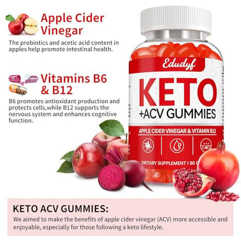 Elgin - EDUDYF Keto ACV Gummies – 60 Unidades Sem Glúten, Sem Gelatina – Gomas de Vinagre de Maçã com B12 para Suporte Keto, Sabor Único, Suplemento em Frasco Prático