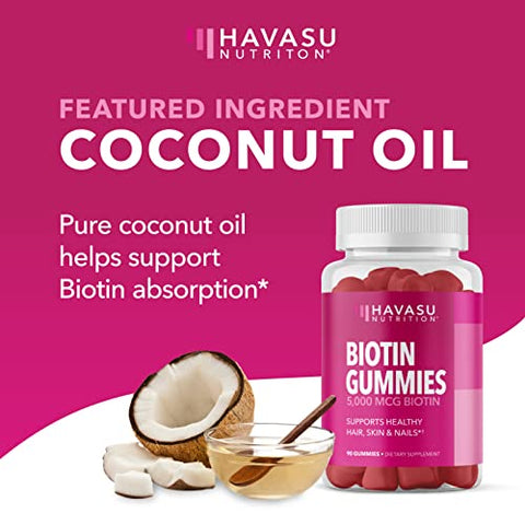 HAVASU NUTRITION - Biotina Gummies para Cabelo, Pele e Unhas – 5000mcg de Biotina (Vitamina B7) – Suporte Nutricional GLP-1 para Promover a Saúde de Cabelo, Pele e Unhas em Mulheres e Homens – Suplemento de Biotina